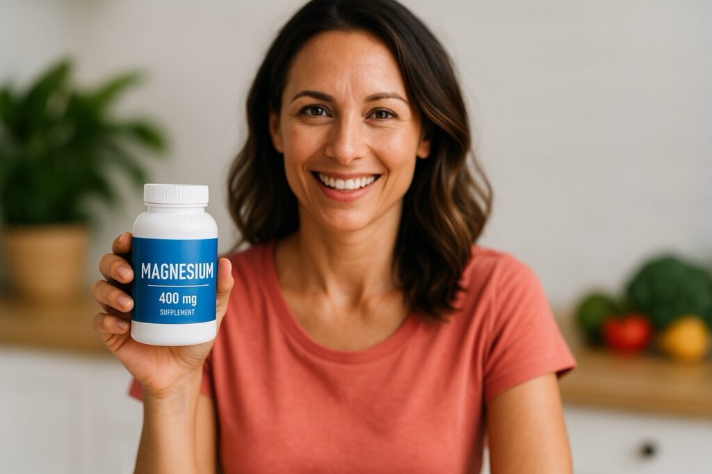 lady with a bottle of magnesium in her hends