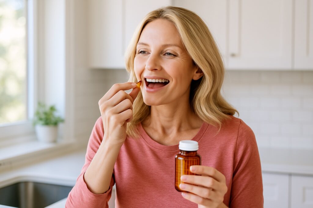 Lady taking a supplement in her kitchen
